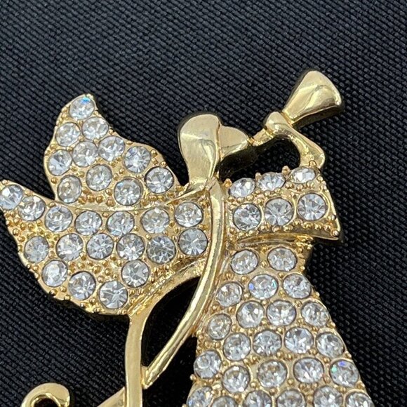 Vintage Monet Brooch Signed Pave Rhinestones Gold Tone Pin, Angel w/ Trumpet - Picture 3 of 5